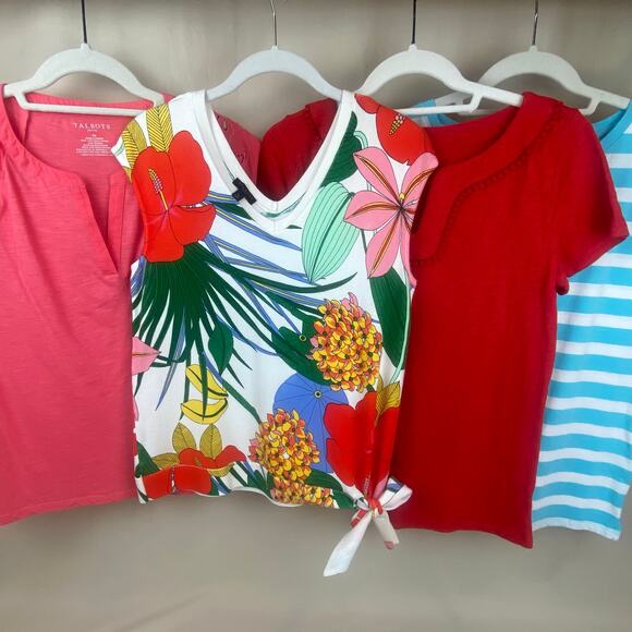 Talbots Petite Small Cotton Shirt Bundle Tropical Floral Pom Pom Embellished - Picture 1 of 10